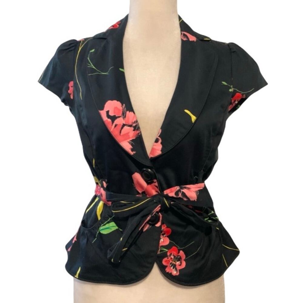 Forever 21 Y2K Floral Fitted Top – Black Red Pink Tie Front Medium